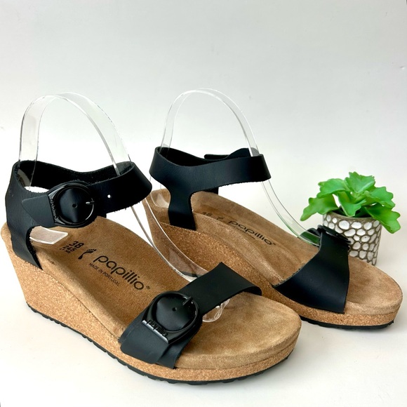 Birkenstock Papillio Soley Wedge Sandal Black Leather Ankle Strap Size 38 - Picture 4 of 10